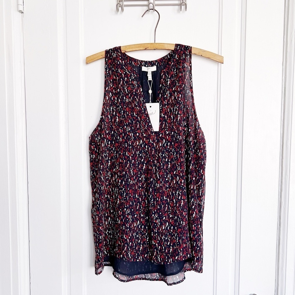 Joie • Aruna Split Neck Tank top blouse sleeveless silk navy red splatter print